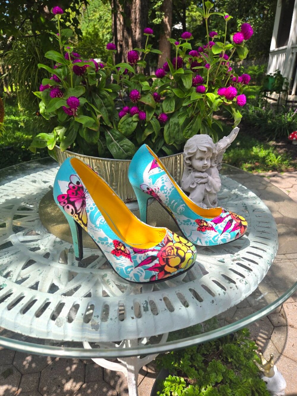 Ed Hardy Tattoo Print Canvas Pumps Heels Turquoise Blue Y2K Vintage New size 6